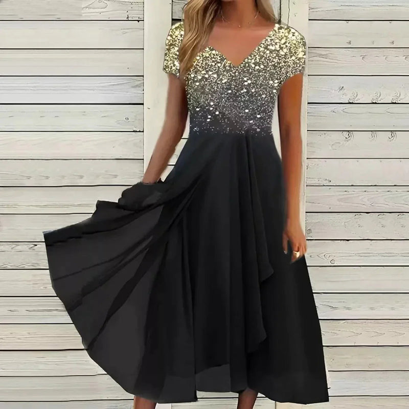 Midi Sommerkleid | Zweifarbig | Blumenmuster | Kurze Ärmel | V-Ausschnitt-Gold Schwarz-S-Luzern Mode