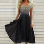 Midi Sommerkleid | Zweifarbig | Blumenmuster | Kurze Ärmel | V-Ausschnitt-Gold Schwarz-S-Luzern Mode