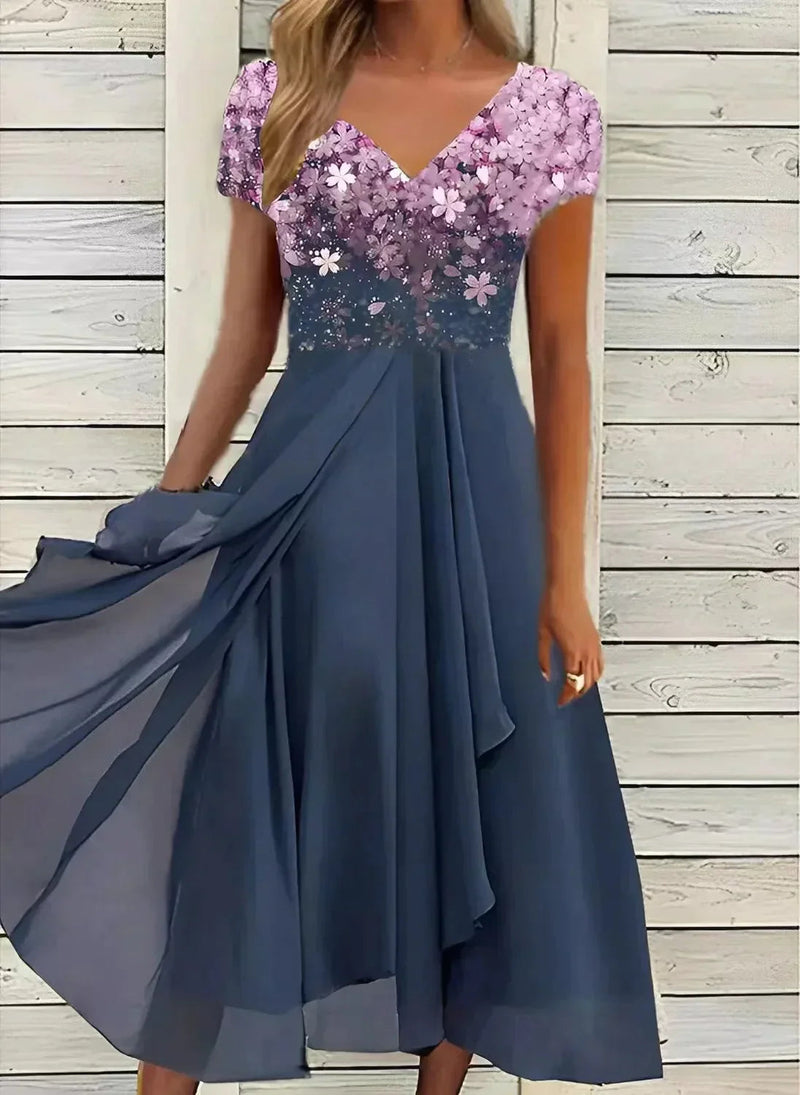 Midi Sommerkleid | Zweifarbig | Blumenmuster | Kurze Ärmel | V-Ausschnitt-Rosa Blau-S-Luzern Mode
