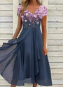 Midi Sommerkleid | Zweifarbig | Blumenmuster | Kurze Ärmel | V-Ausschnitt-Rosa Blau-S-Luzern Mode