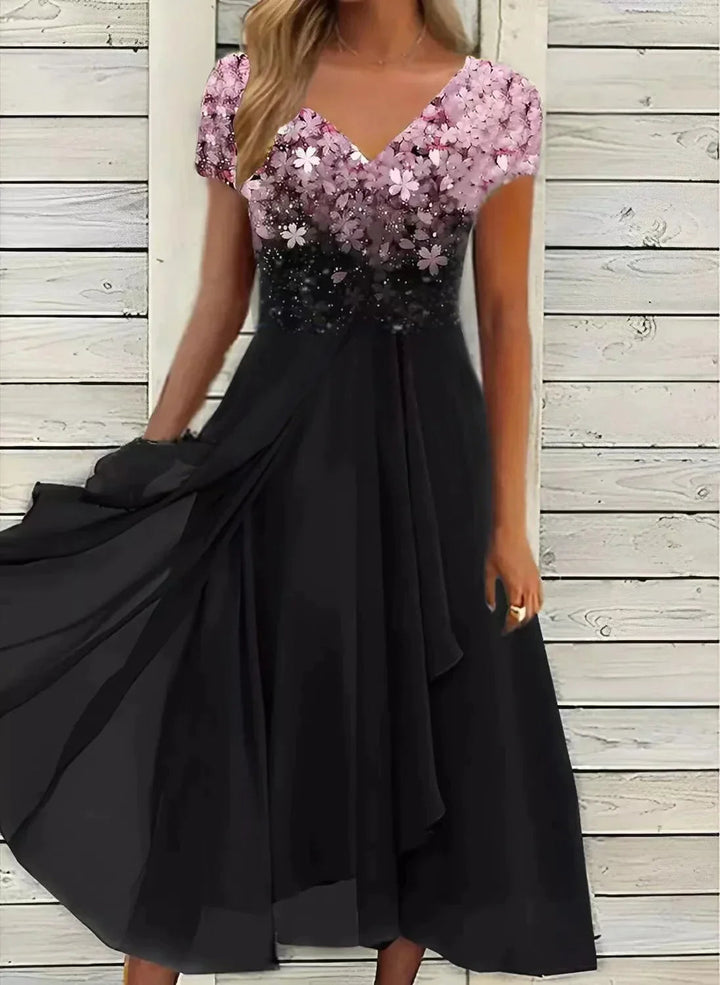 Midi Sommerkleid | Zweifarbig | Blumenmuster | Kurze Ärmel | V-Ausschnitt-Rosa Schwarz-S-Luzern Mode