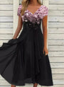 Midi Sommerkleid | Zweifarbig | Blumenmuster | Kurze Ärmel | V-Ausschnitt-Rosa Schwarz-S-Luzern Mode