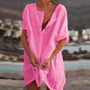 Strandkleid | Luftig | Lockere Passform | Knopfverschluss | Halb lang | Unifarben-Rosa-S-Luzern Mode