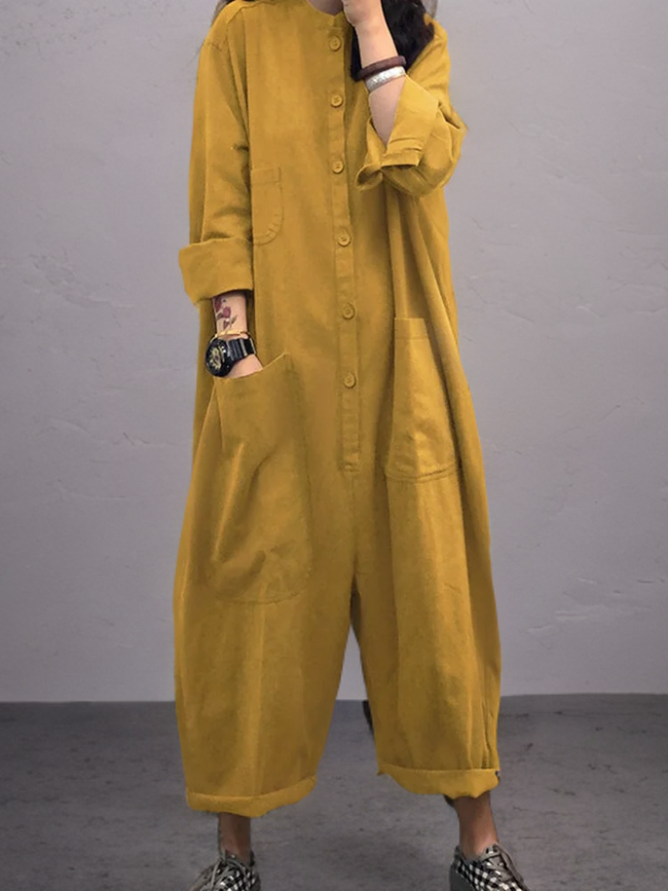 Sommer Jumpsuit Damen | Baumwolle Leinen | Luftig | Weit | V-Ausschnitt-Gelb-S-Luzern Mode
