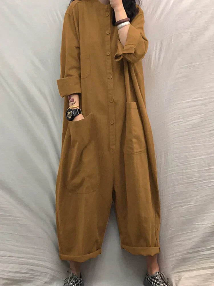 Sommer Jumpsuit Damen | Baumwolle Leinen | Luftig | Weit | V-Ausschnitt-Khaki-S-Luzern Mode