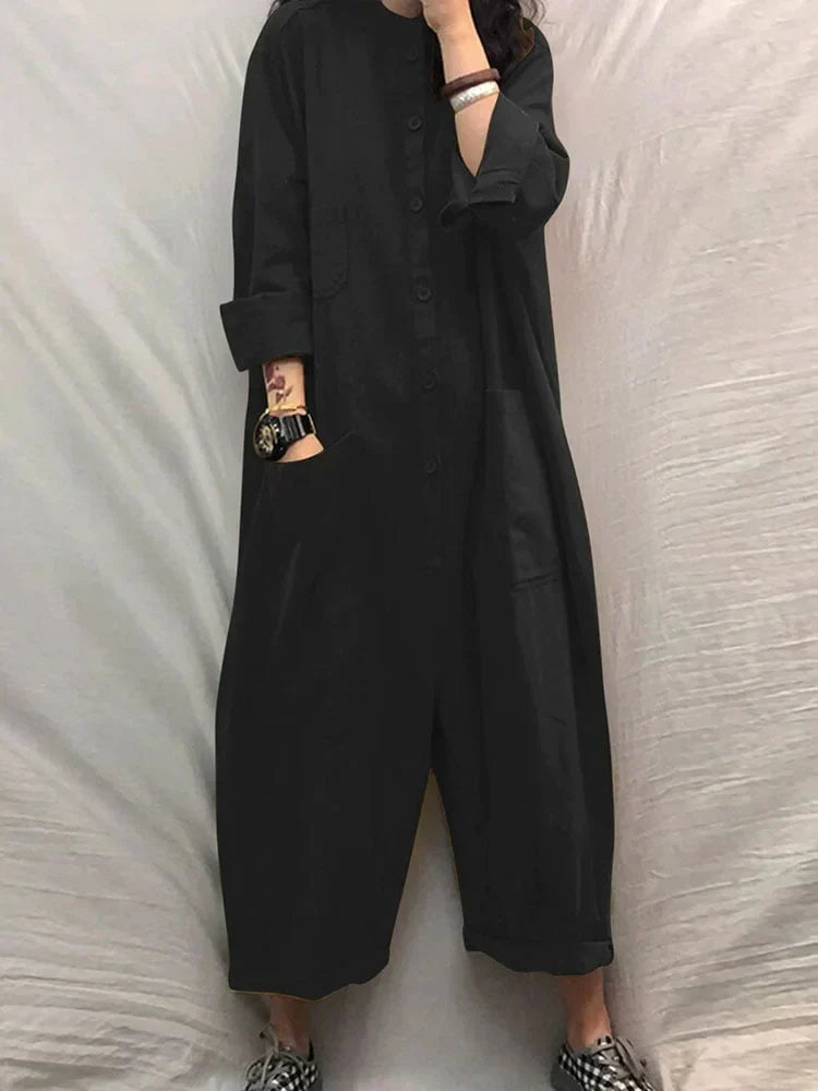 Sommer Jumpsuit Damen | Baumwolle Leinen | Luftig | Weit | V-Ausschnitt-Schwarz-S-Luzern Mode