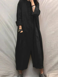 Sommer Jumpsuit Damen | Baumwolle Leinen | Luftig | Weit | V-Ausschnitt-Schwarz-S-Luzern Mode