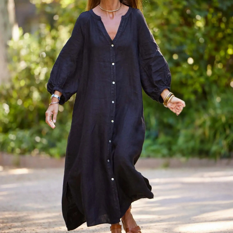 Leinenkleid Damen Sommer Langarm Knopfleiste Boho-Stil-Schwarz-2XS-Luzern Mode