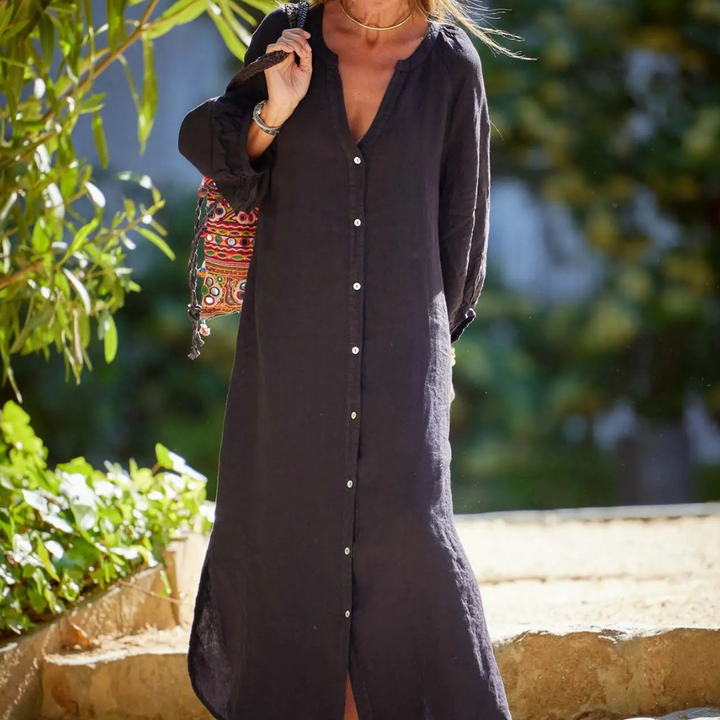 Leinenkleid Damen Sommer Langarm Knopfleiste Boho-Stil-Luzern Mode