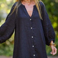 Leinenkleid Damen Sommer Langarm Knopfleiste Boho-Stil-Luzern Mode