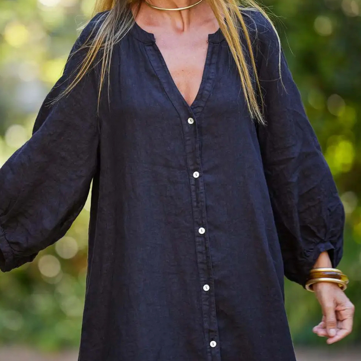Leinenkleid Damen Sommer Langarm Knopfleiste Boho-Stil-Luzern Mode