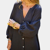 Leinenkleid Damen Sommer Langarm Knopfleiste Boho-Stil-Luzern Mode