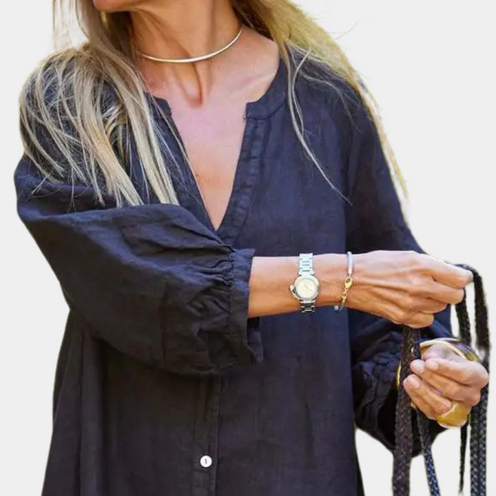 Leinenkleid Damen Sommer Langarm Knopfleiste Boho-Stil-Luzern Mode