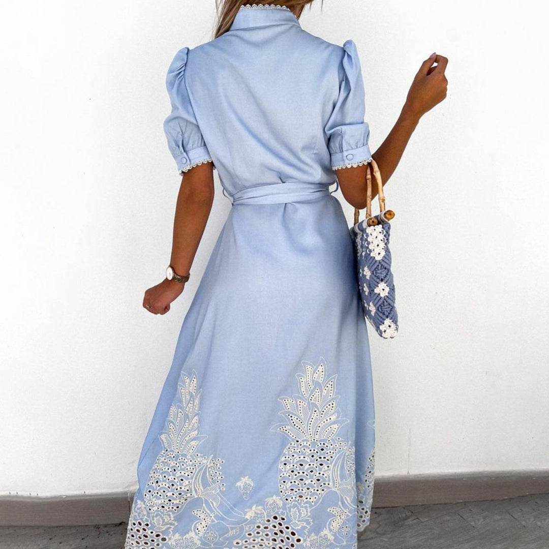 Elegantes Maxikleid mit Spitze und Puffärmeln Damenmode-Luzern Mode