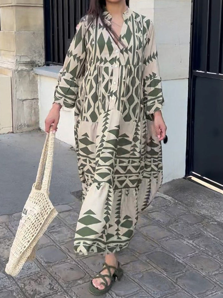 Maxikleid | Print | Luftig | Leicht | Lockere Schnitt | Lange Ärmel-Grün-S-Luzern Mode