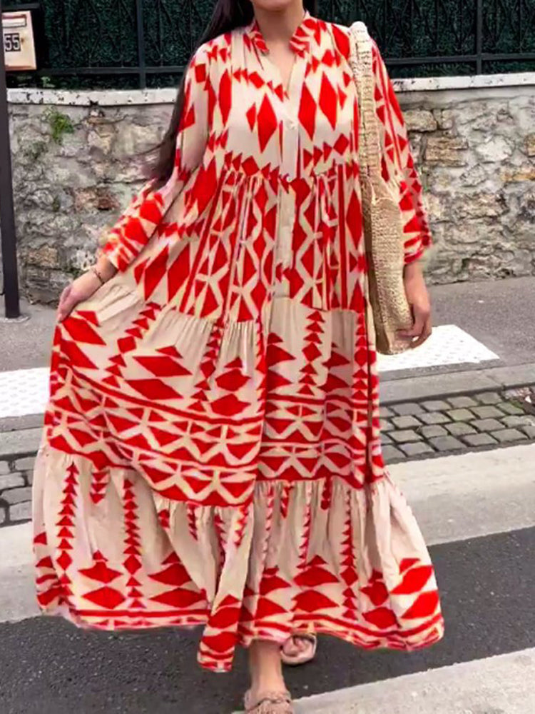 Maxikleid | Print | Luftig | Leicht | Lockere Schnitt | Lange Ärmel-Rot-S-Luzern Mode