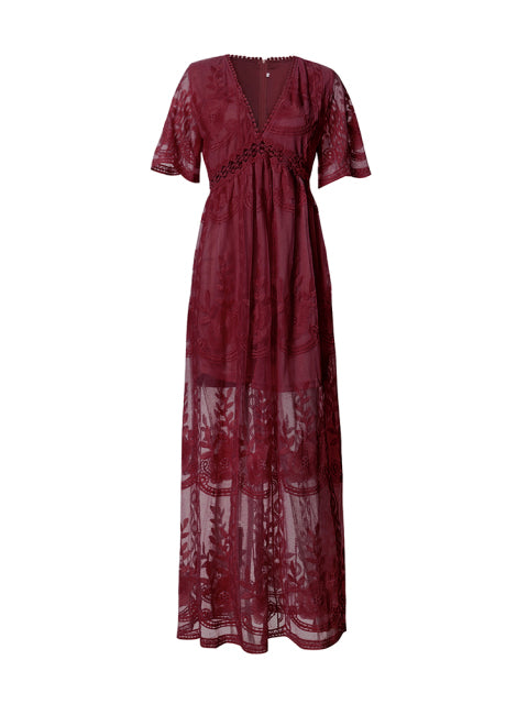 Maxikleid Damen Sommer | Viskose | V-Ausschnitt | Luftig | Figurschmeichelnd-Rot-S-Luzern Mode
