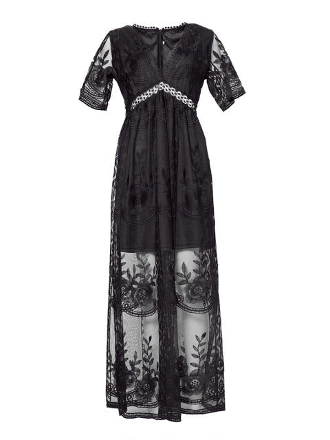 Maxikleid Damen Sommer | Viskose | V-Ausschnitt | Luftig | Figurschmeichelnd-Schwarz-S-Luzern Mode