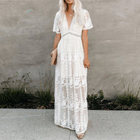 Maxikleid Damen Sommer | Viskose | V-Ausschnitt | Luftig | Figurschmeichelnd-Weiß-S-Luzern Mode