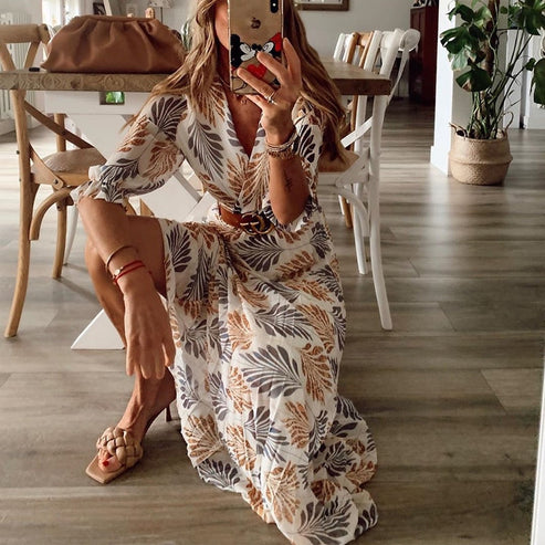 Maxi Sommerkleid mit Blattdruck | Lange Ärmel | Rundhalsausschnitt | Lockere Passform-Luzern Mode