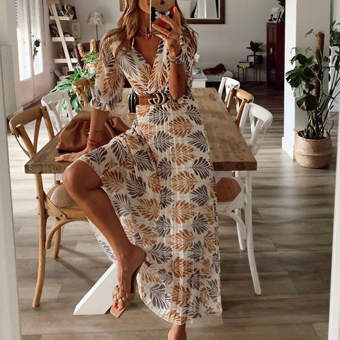 Maxi Sommerkleid mit Blattdruck | Lange Ärmel | Rundhalsausschnitt | Lockere Passform-S-Luzern Mode