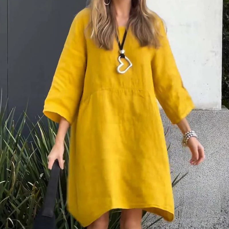 Sommerkleid Damen | Baumwolle Leinen | Locker geschnitten | Einfarbig | Mit Tasche-Gelb-M-Luzern Mode