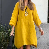 Sommerkleid Damen | Baumwolle Leinen | Locker geschnitten | Einfarbig | Mit Tasche-Gelb-M-Luzern Mode
