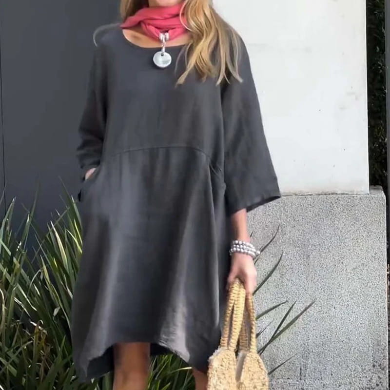 Sommerkleid Damen | Baumwolle Leinen | Locker geschnitten | Einfarbig | Mit Tasche-Grau-M-Luzern Mode