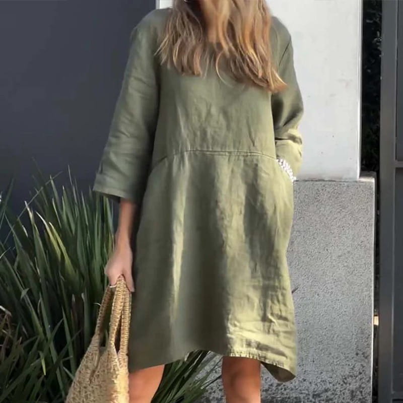 Sommerkleid Damen | Baumwolle Leinen | Locker geschnitten | Einfarbig | Mit Tasche-Grün-M-Luzern Mode