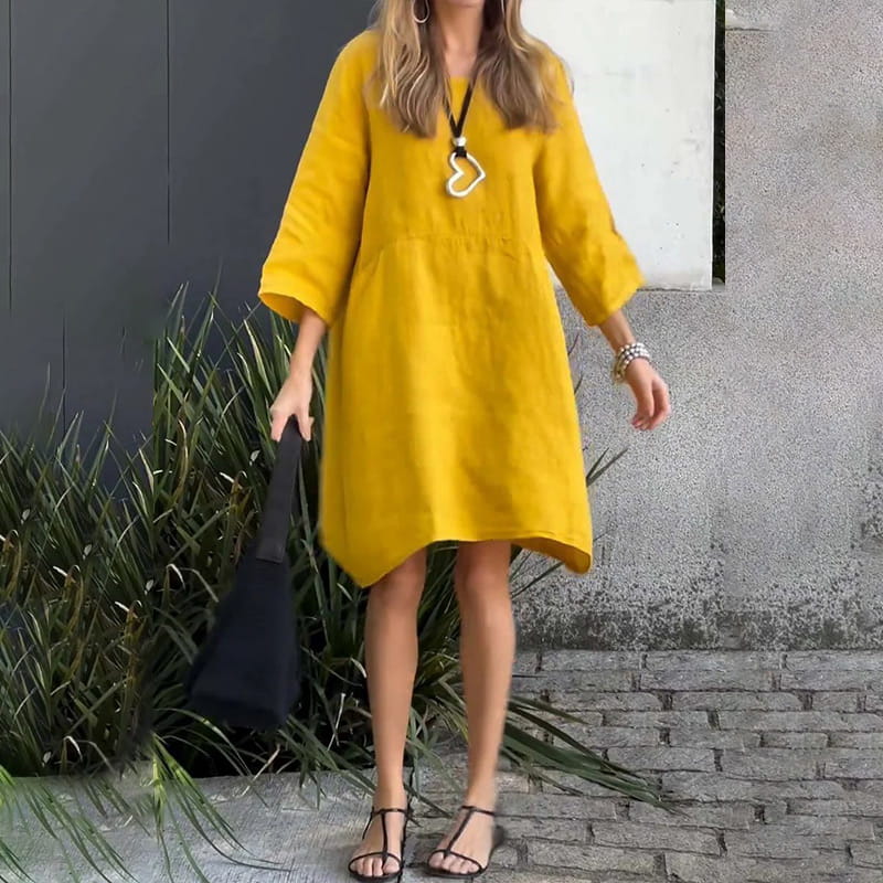 Sommerkleid Damen | Baumwolle Leinen | Locker geschnitten | Einfarbig | Mit Tasche-Luzern Mode