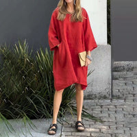 Sommerkleid Damen | Baumwolle Leinen | Locker geschnitten | Einfarbig | Mit Tasche-Luzern Mode