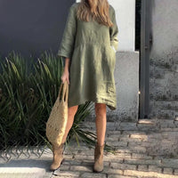 Sommerkleid Damen | Baumwolle Leinen | Locker geschnitten | Einfarbig | Mit Tasche-Luzern Mode