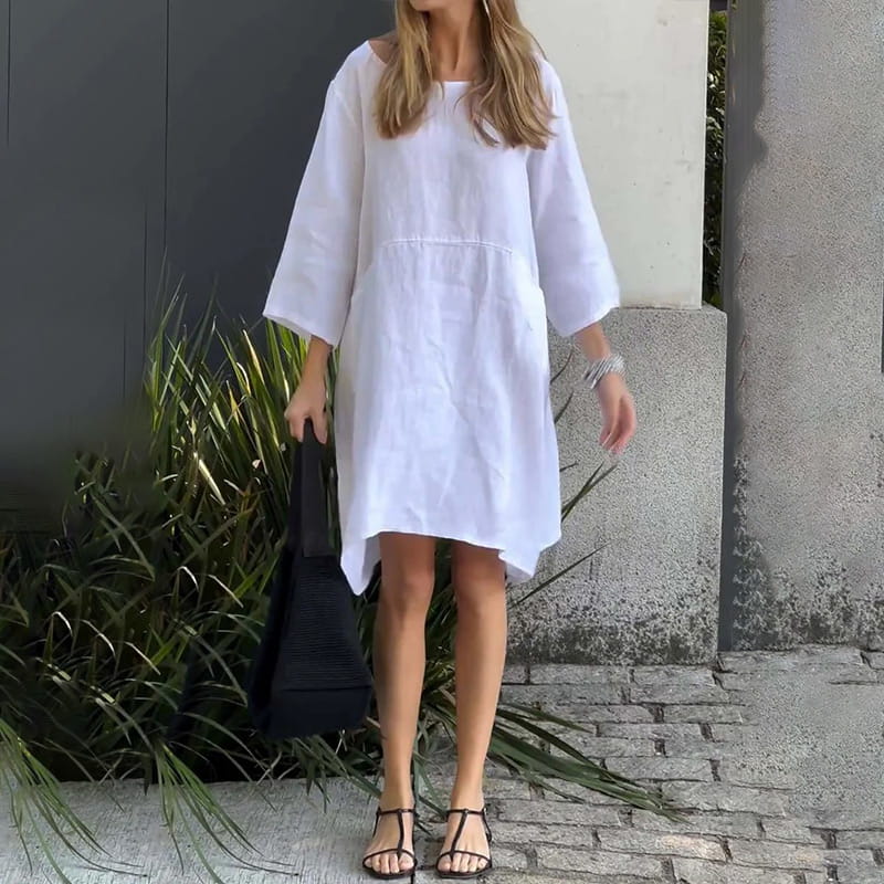 Sommerkleid Damen | Baumwolle Leinen | Locker geschnitten | Einfarbig | Mit Tasche-Luzern Mode