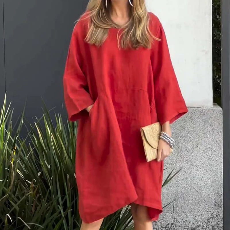 Sommerkleid Damen | Baumwolle Leinen | Locker geschnitten | Einfarbig | Mit Tasche-Rot-M-Luzern Mode