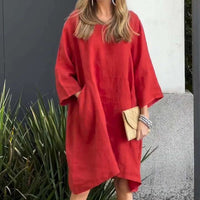 Sommerkleid Damen | Baumwolle Leinen | Locker geschnitten | Einfarbig | Mit Tasche-Rot-M-Luzern Mode