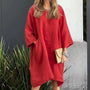 Sommerkleid Damen | Baumwolle Leinen | Locker geschnitten | Einfarbig | Mit Tasche-Rot-M-Luzern Mode