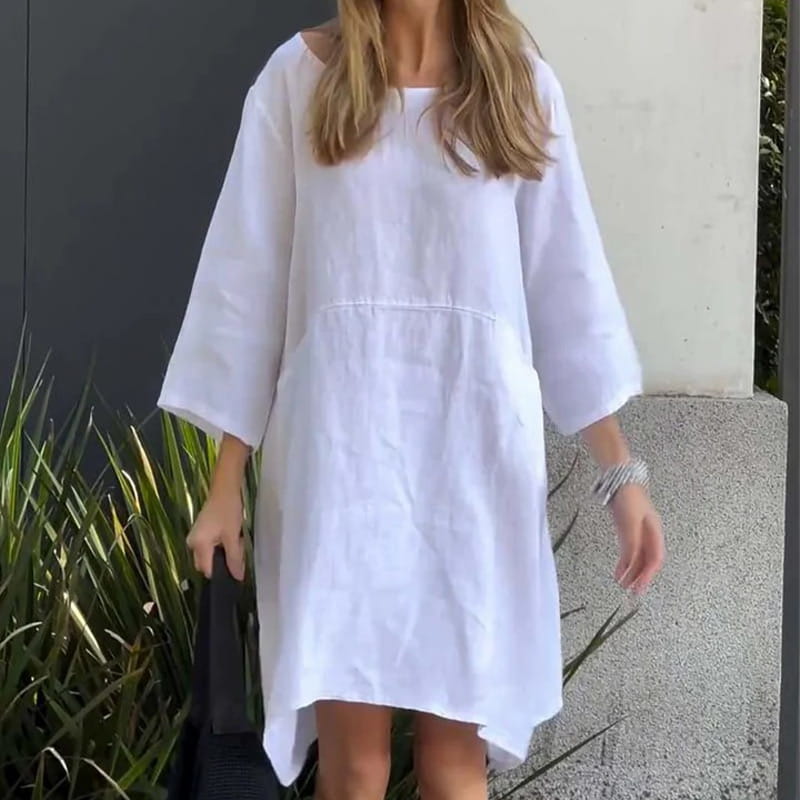 Sommerkleid Damen | Baumwolle Leinen | Locker geschnitten | Einfarbig | Mit Tasche-Weiß-M-Luzern Mode