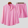 Sommer Zweiteiler Herren | Atmungsaktiv & leicht | Hemd mit Knopfleiste | Shorts mit Gummibund-Rosa-S-Luzern Mode