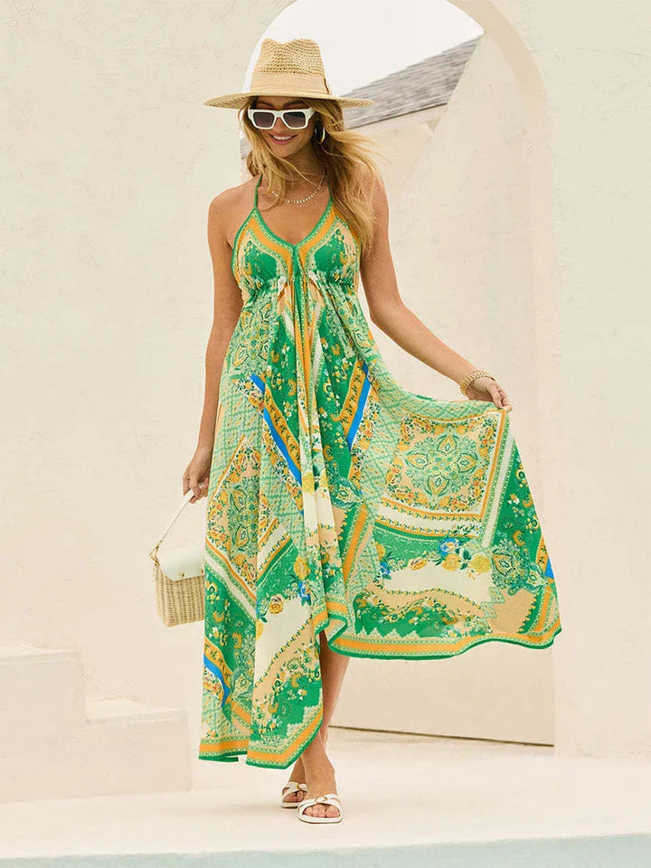 Maxikleid Damen | Boho Print | Halterneck | V-Ausschnitt | luftig | atmungsaktiv-Luzern Mode