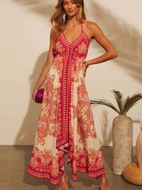 Maxikleid Damen | Boho Print | Halterneck | V-Ausschnitt | luftig | atmungsaktiv-Luzern Mode