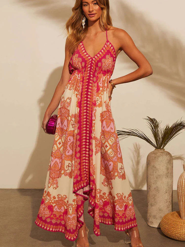 Maxikleid Damen | Boho Print | Halterneck | V-Ausschnitt | luftig | atmungsaktiv-Luzern Mode