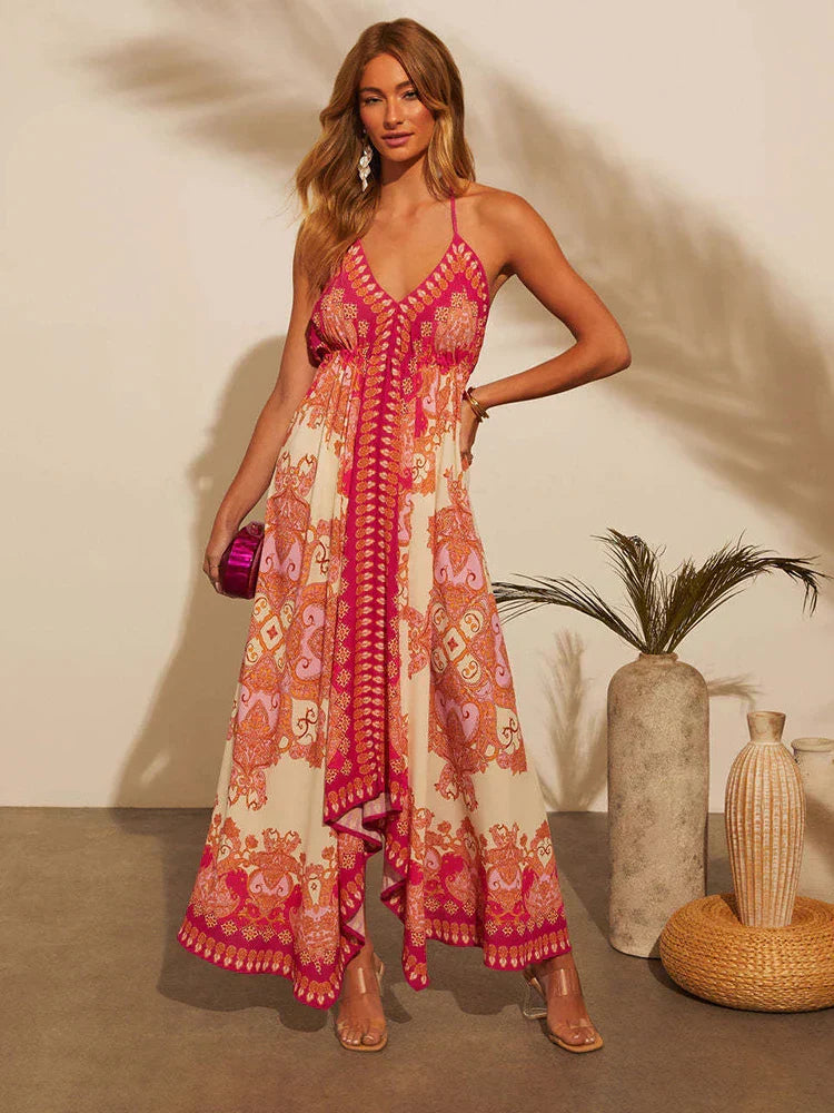 Maxikleid Damen | Boho Print | Halterneck | V-Ausschnitt | luftig | atmungsaktiv-Luzern Mode