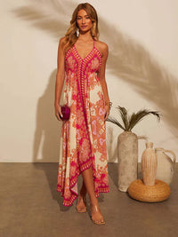 Maxikleid Damen | Boho Print | Halterneck | V-Ausschnitt | luftig | atmungsaktiv-Luzern Mode