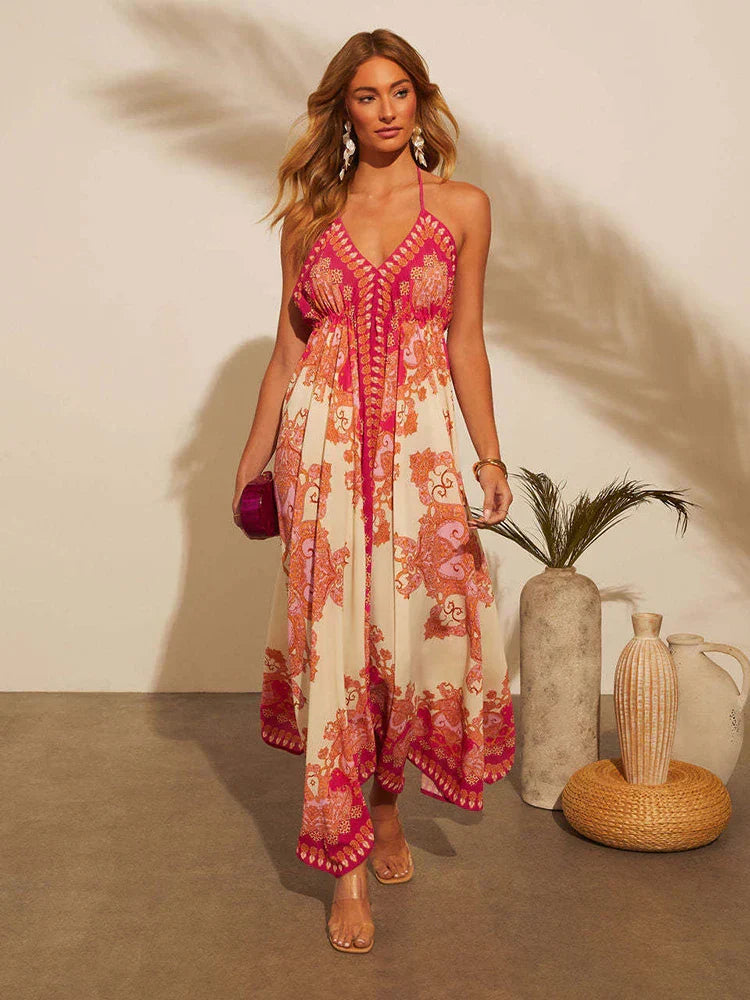 Maxikleid Damen | Boho Print | Halterneck | V-Ausschnitt | luftig | atmungsaktiv-Luzern Mode