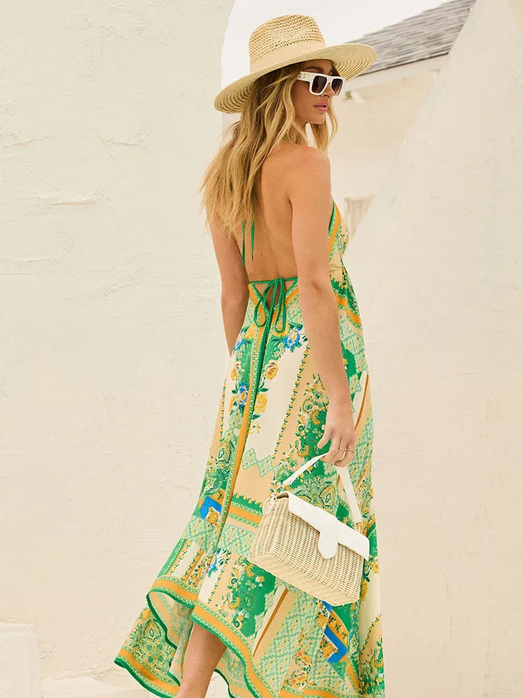 Maxikleid Damen | Boho Print | Halterneck | V-Ausschnitt | luftig | atmungsaktiv-Luzern Mode