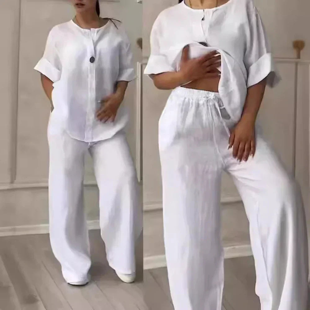 Sommer Set Damen | Leinen-Baumwollmix | Bluse mit Knopfleiste | Weithose | luftig-Luzern Mode