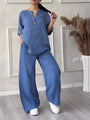 Sommer Set Damen | Leinen-Baumwollmix | Bluse mit Knopfleiste | Weithose | luftig-Blau-S-Luzern Mode