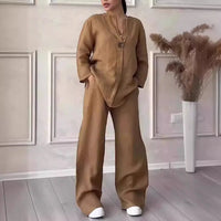 Sommer Set Damen | Leinen-Baumwollmix | Bluse mit Knopfleiste | Weithose | luftig-Braun-S-Luzern Mode
