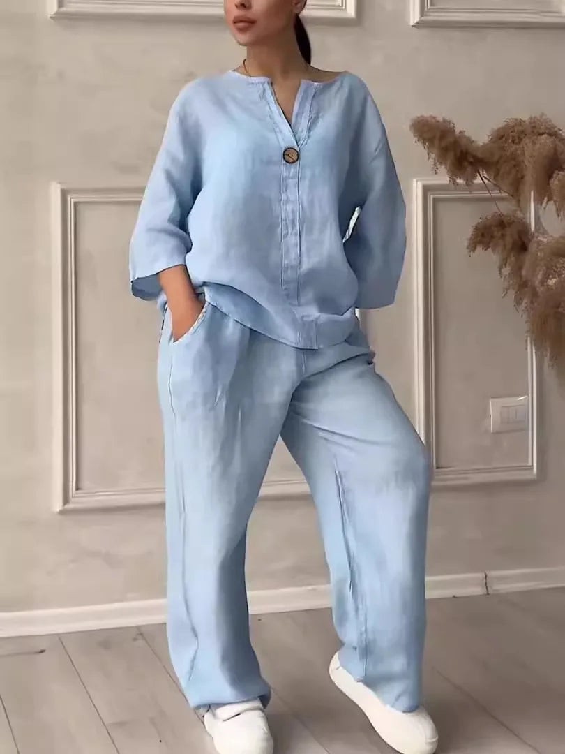Sommer Set Damen | Leinen-Baumwollmix | Bluse mit Knopfleiste | Weithose | luftig-Hellblau-S-Luzern Mode
