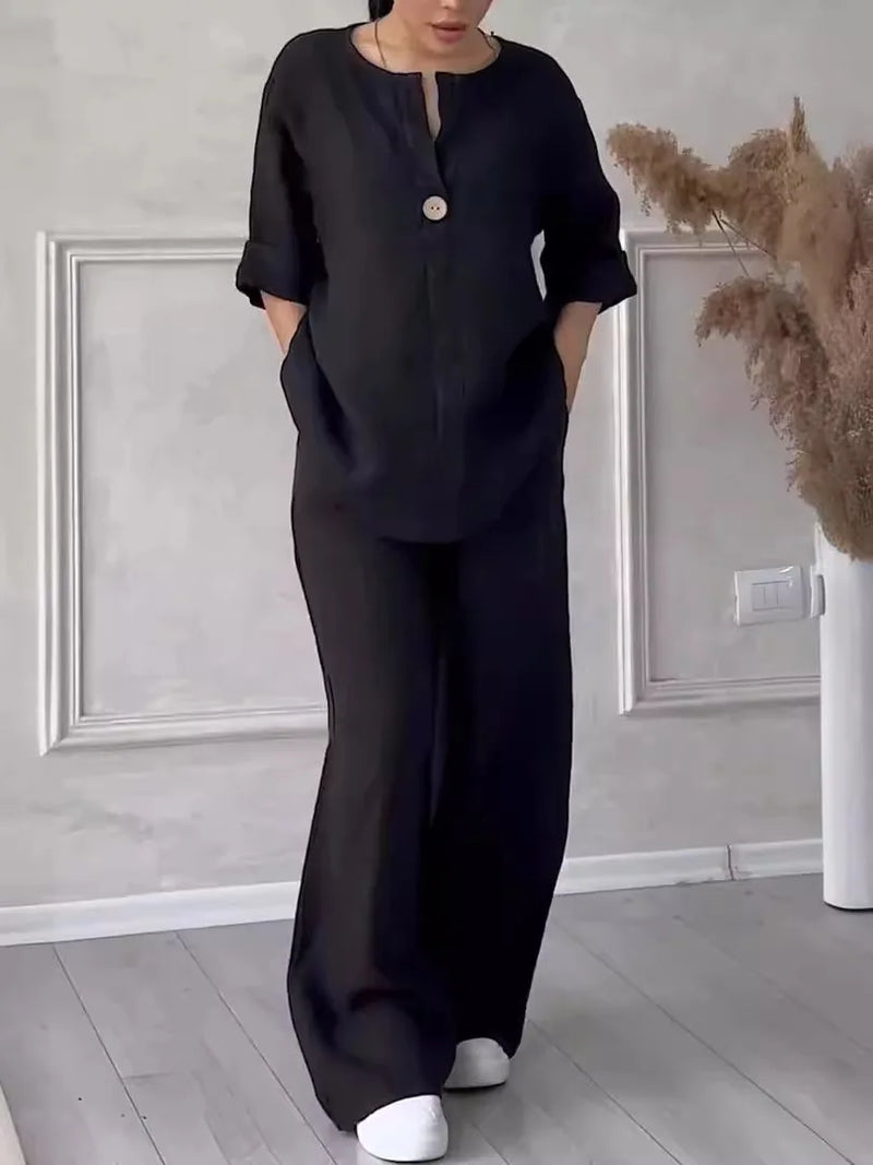Sommer Set Damen | Leinen-Baumwollmix | Bluse mit Knopfleiste | Weithose | luftig-Schwarz-S-Luzern Mode